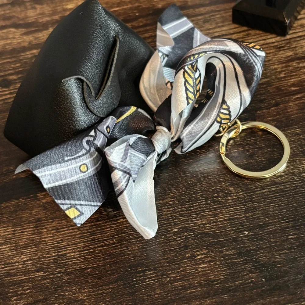 Black Mini Tote Bag Keychain Charm with Scarf Detail and Gold Hardware